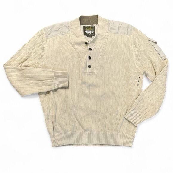 Eddie Bauer Cable Knit Sweater Henley Beige Mens Sz M/L Cotton Pullover Pocket - Picture 1 of 9